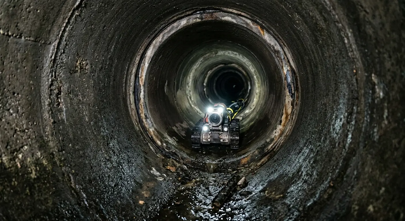 Robotic sewer camera inspecting pipe interior for Sewer Line Cleaning in Franklin Lakes