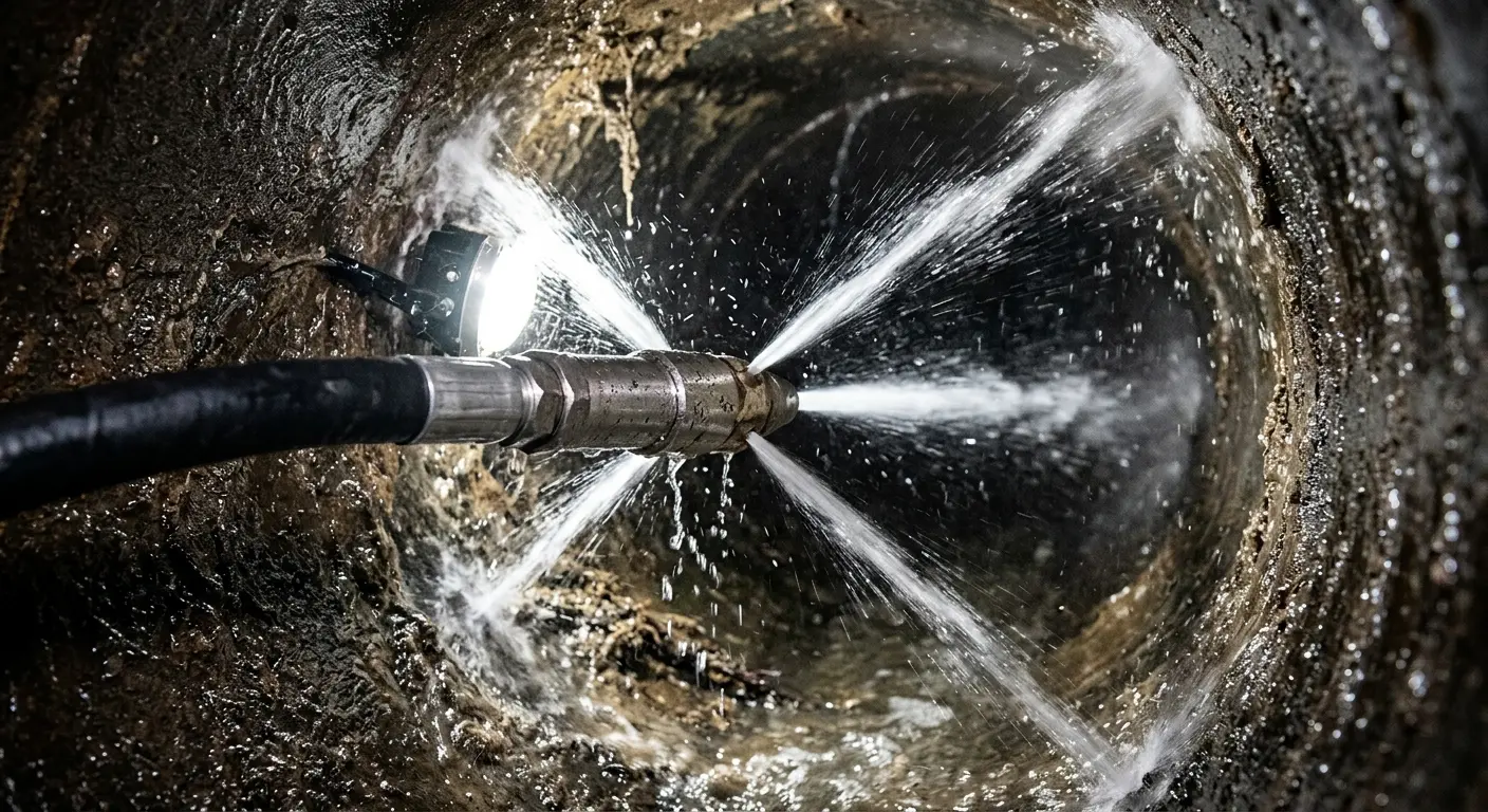 High-pressure hydro jetting nozzle cleaning sewer pipe for Sewer Line Relining in Franklin Lakes