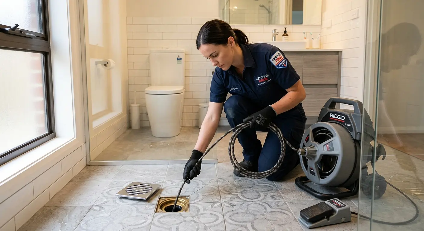 Technician clearing a bathroom floor drain for Sewer Line Replacement in Franklin Lakes